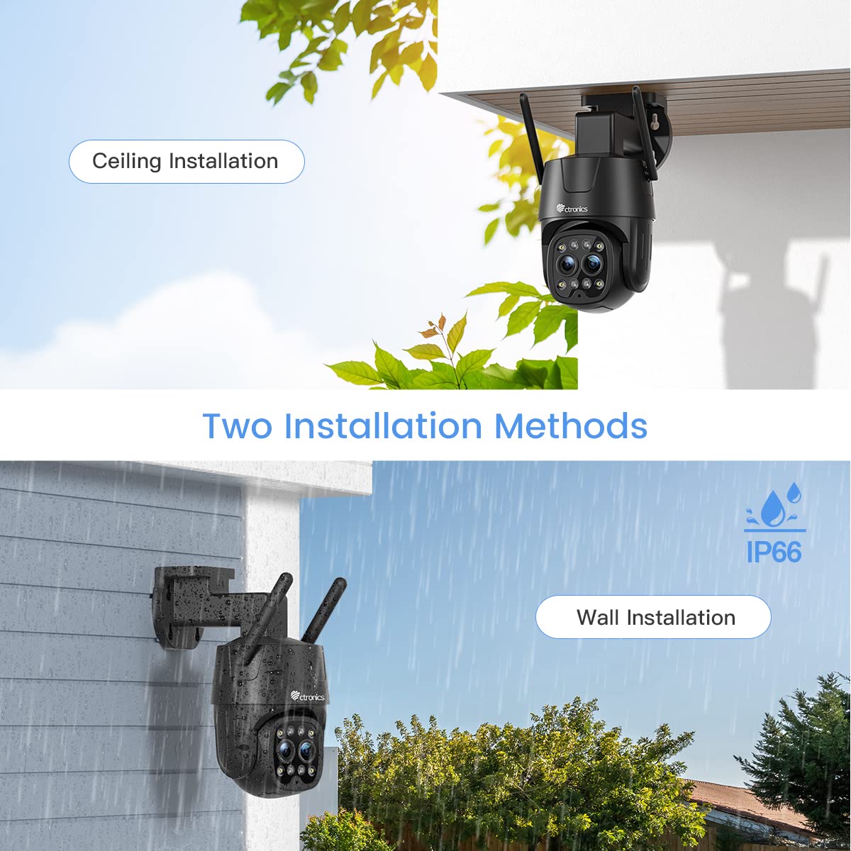 Ctronics 2.5K 4MP 6X Zoom Hybride Caméra Surveillance WiFi Extérieure | 2,4/5GHz WiFi IP, Suivi-Auto-Zoom Double Objectif, Détection Humaine, Vision Nocturne Couleur, Audio Bidirectionnel PC