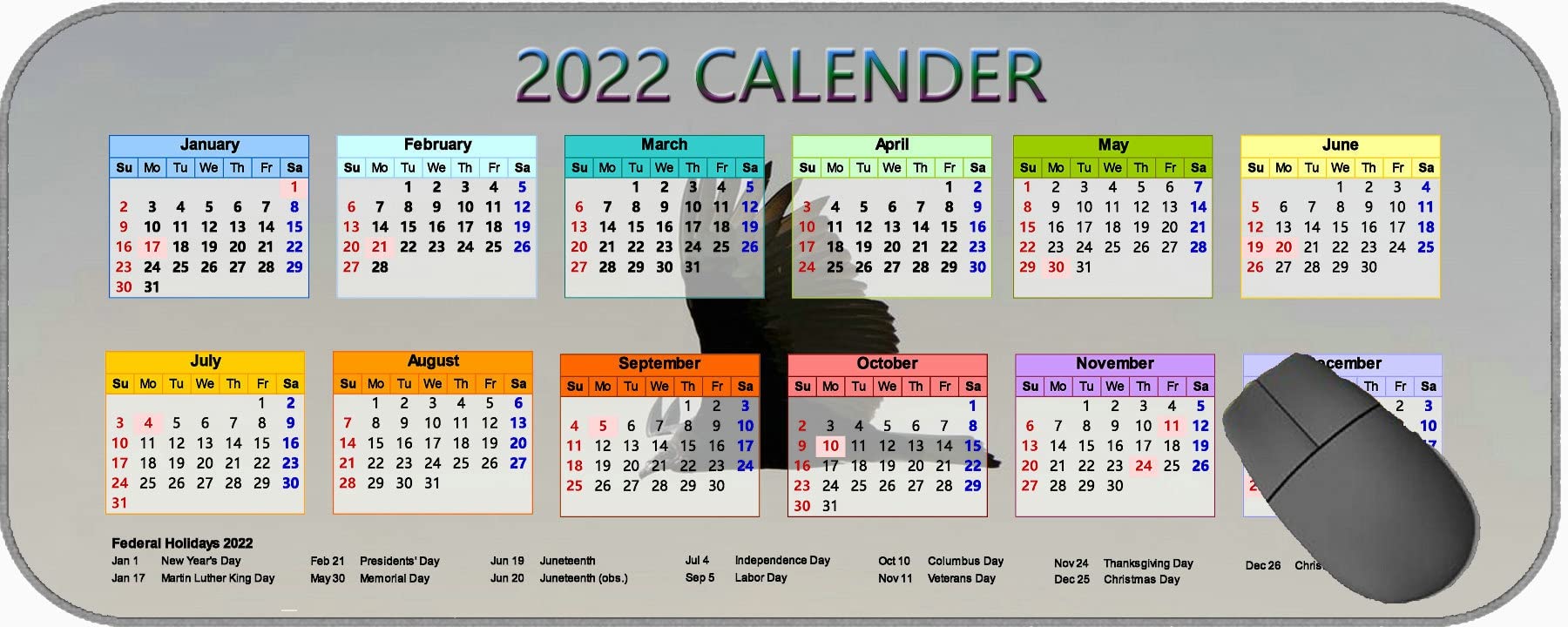 YENDOSTEEN Gaming Mouse Pad 2022 Year Calendar with Holiday,Bird Sky Flight MP841 Gaming Mousepad