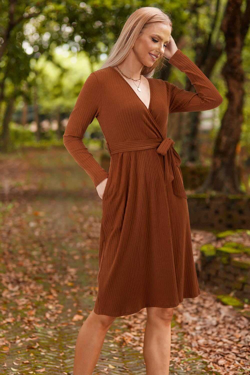 Newshows Jumper Vestido para Mujeres Manga Larga Cuello en V Señoras de Punto Elegante Suéter Vestido de Fiesta con Bolsillos