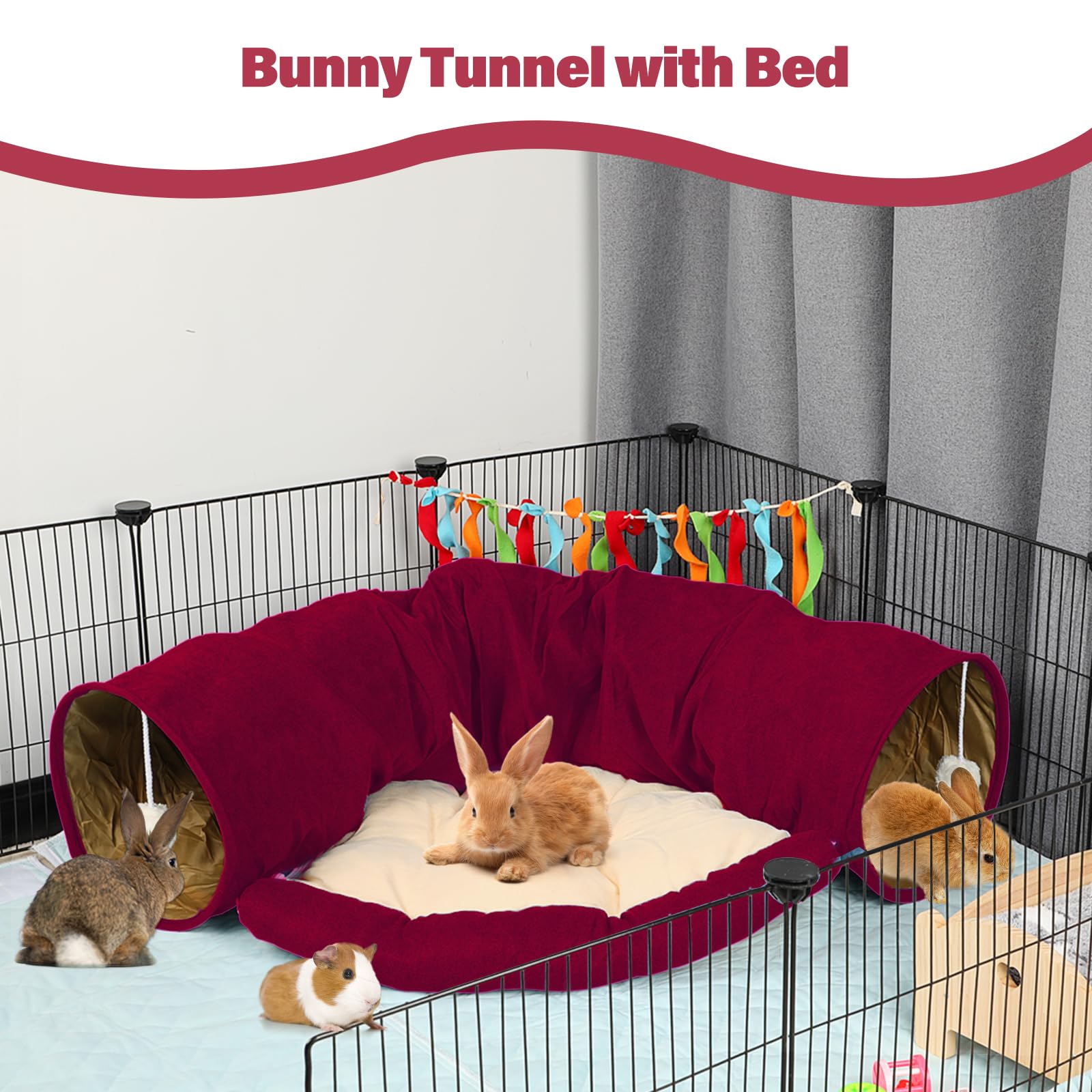 BWOGUE Hasentunnelbett – 2-in-1 Faltbarer Spieltunnel Mit Abnehmbarer Matte, Für Kaninchen, Meerschweinchen, Kätzchen (rotkariert)