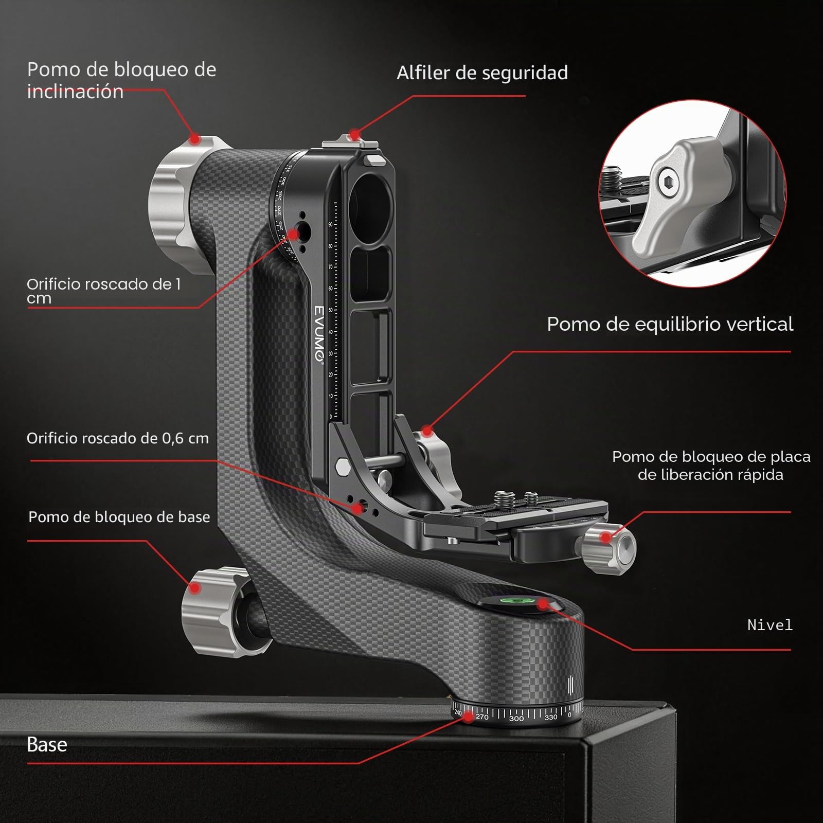 EVUMO P9 Cabezal de Trípode de Cardán, Gimbal Head de 360°, Cabezal Trípode Profesional de Fibra Carbono, con Placa de Liberación Rápida Arca-Swiss de 1/4'' y 3/8'', Carga Máxima 20kg para Cámara DSLR