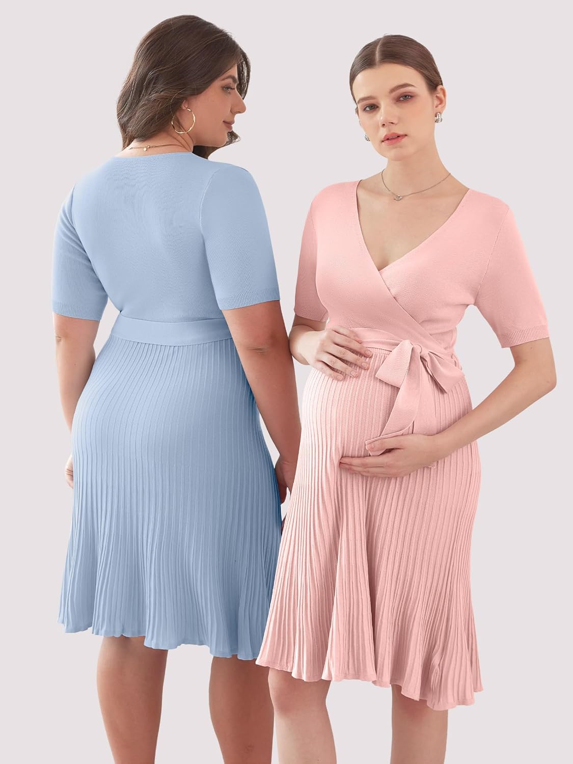 V FOR CITY Maternity Dress Baby Shower Dresses for Women Casual Pleated A Line Waistband Short Sleeve V Neck Knit Summer S-XL - Image 5
