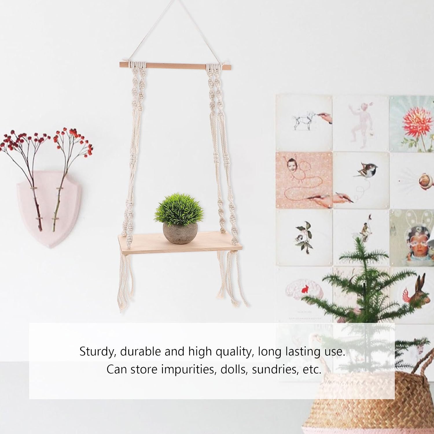Display Wall Shelf Woven Cotton Rope Wood Wall Mounted Rack image 4