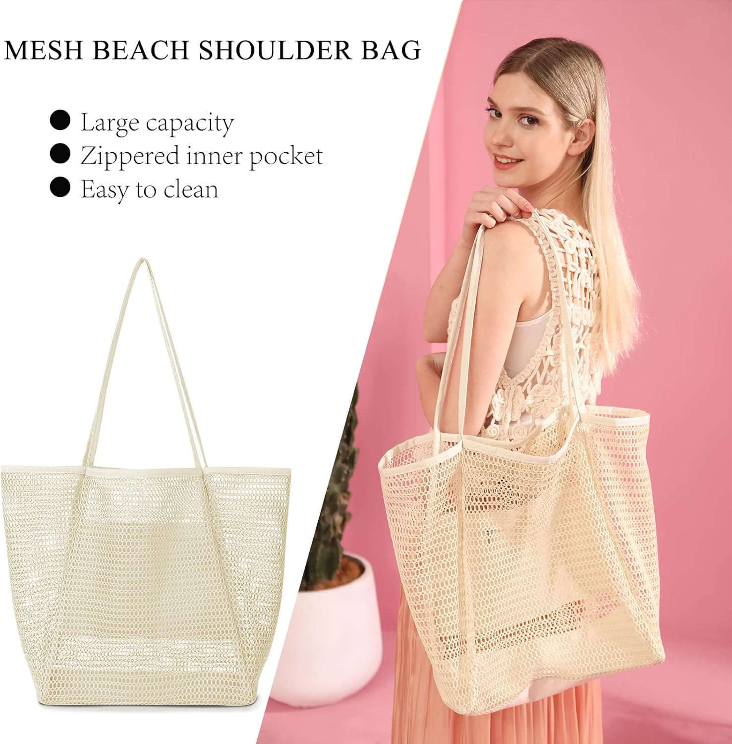 Iioscre Mesh Beach Bag for Women, Hobo Pool Bags with Wide Shoulder Straps & Zipper Inner Pocket, 23L Swim Bag for Vacation. - Image 5