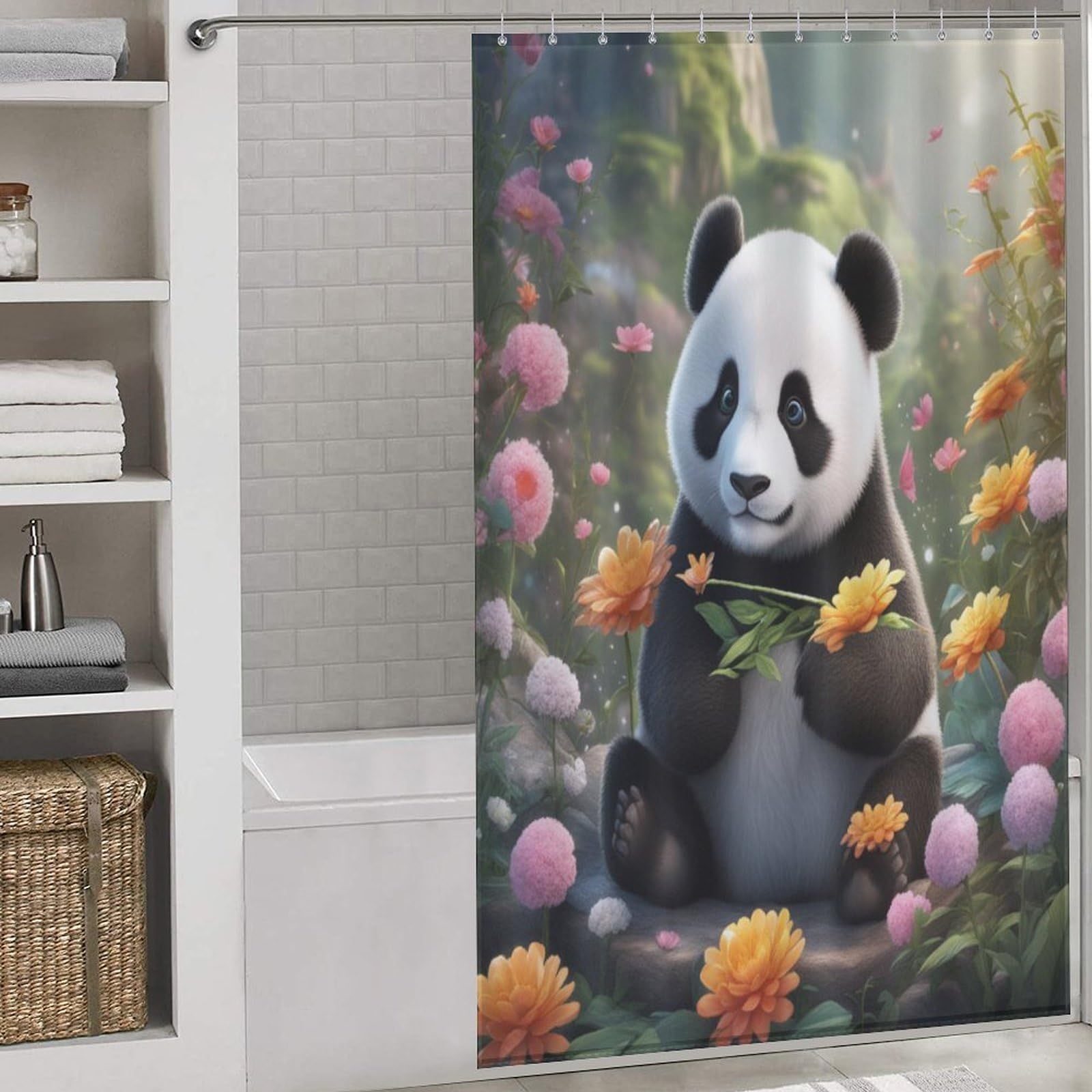 Rideau de douche panda pour stopper les fuites d'eau de la baignoire facilement