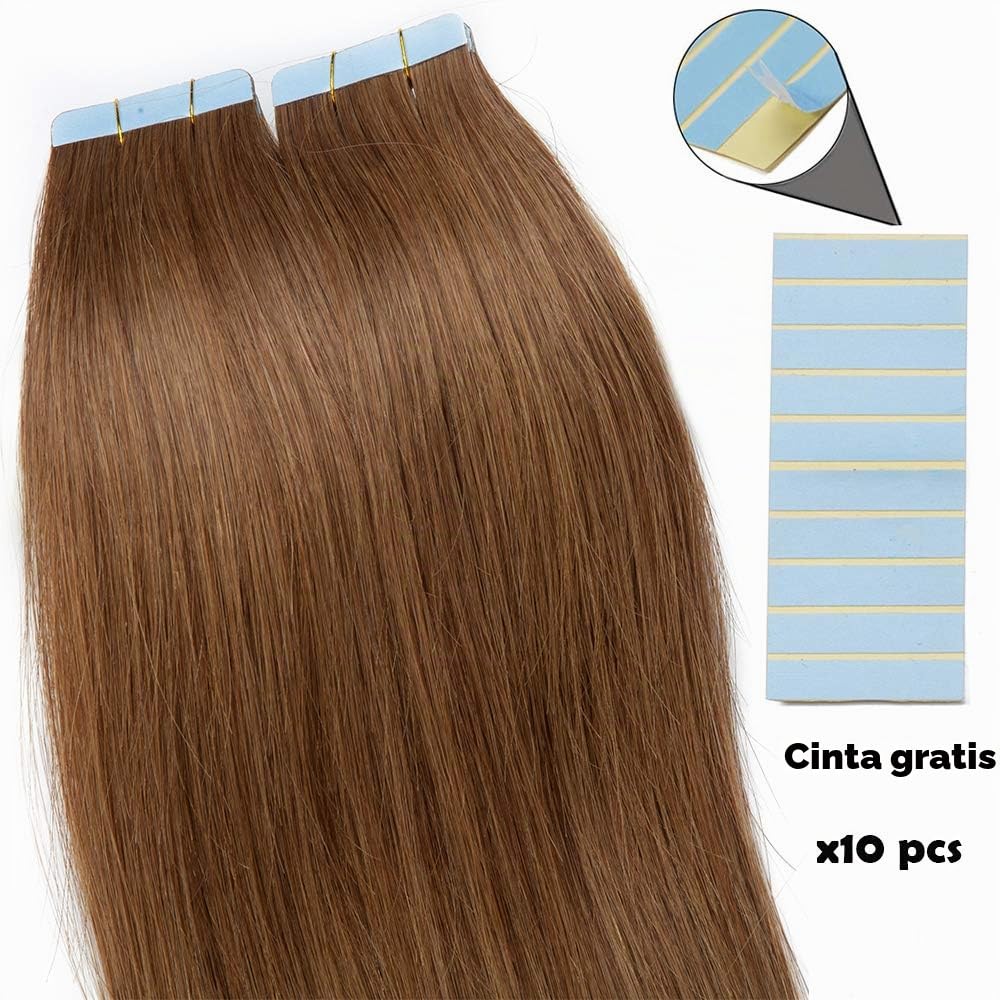 12"(30cm) SEGO Extensiones Adhesivas Pelo Natural VOLUMEN GRUESO [3g*20PCS] #6 Castaño Claro Cabello Humano sin Clip 100% Remy Liso Balayage (60g)
