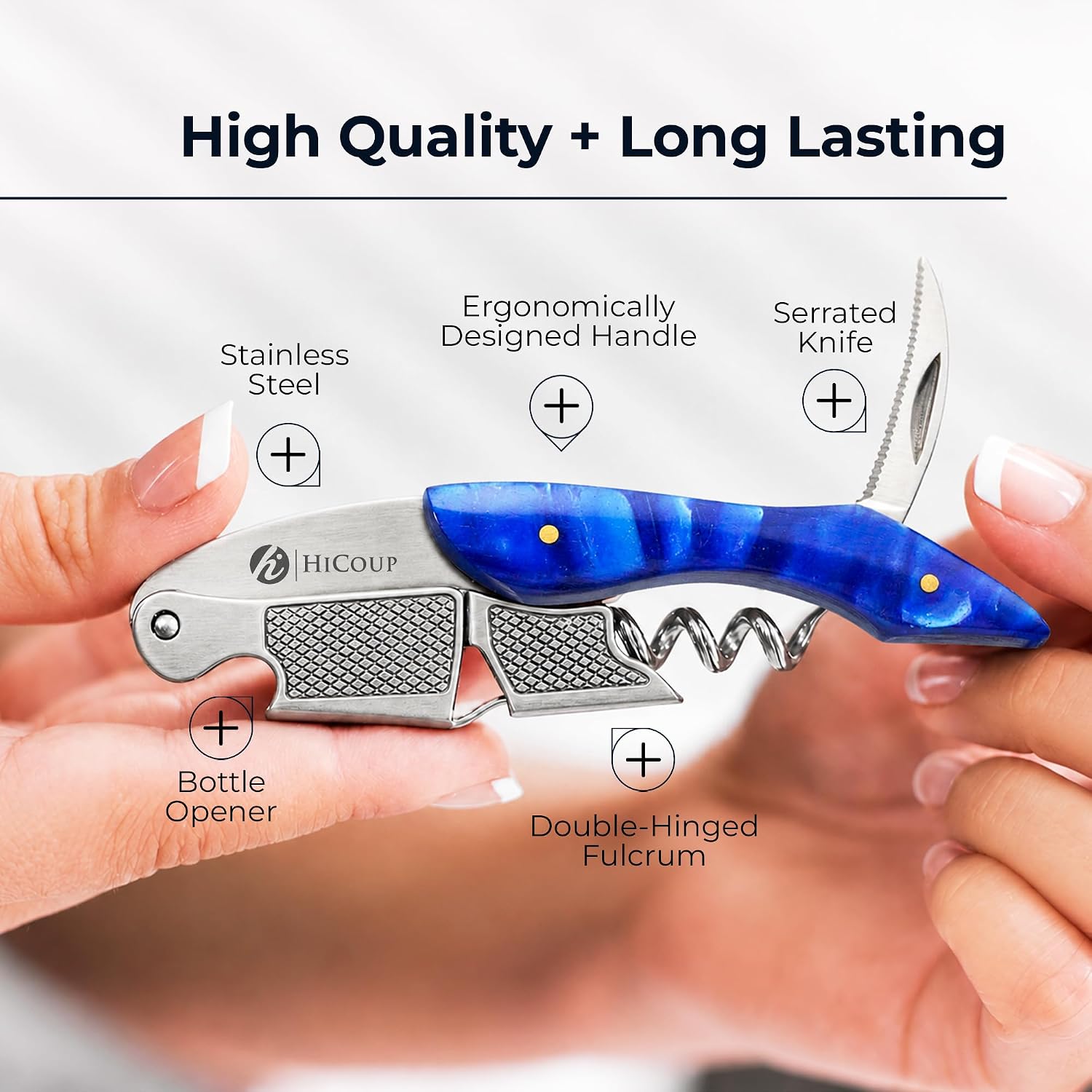 HiCoup Wine Opener - Professional Corkscrews for Wine Bottles w/Foil Cutter and Cap Remover - Manual Wine Key for Servers, Waiters, Bartenders and Home Use - Sapphire image 2