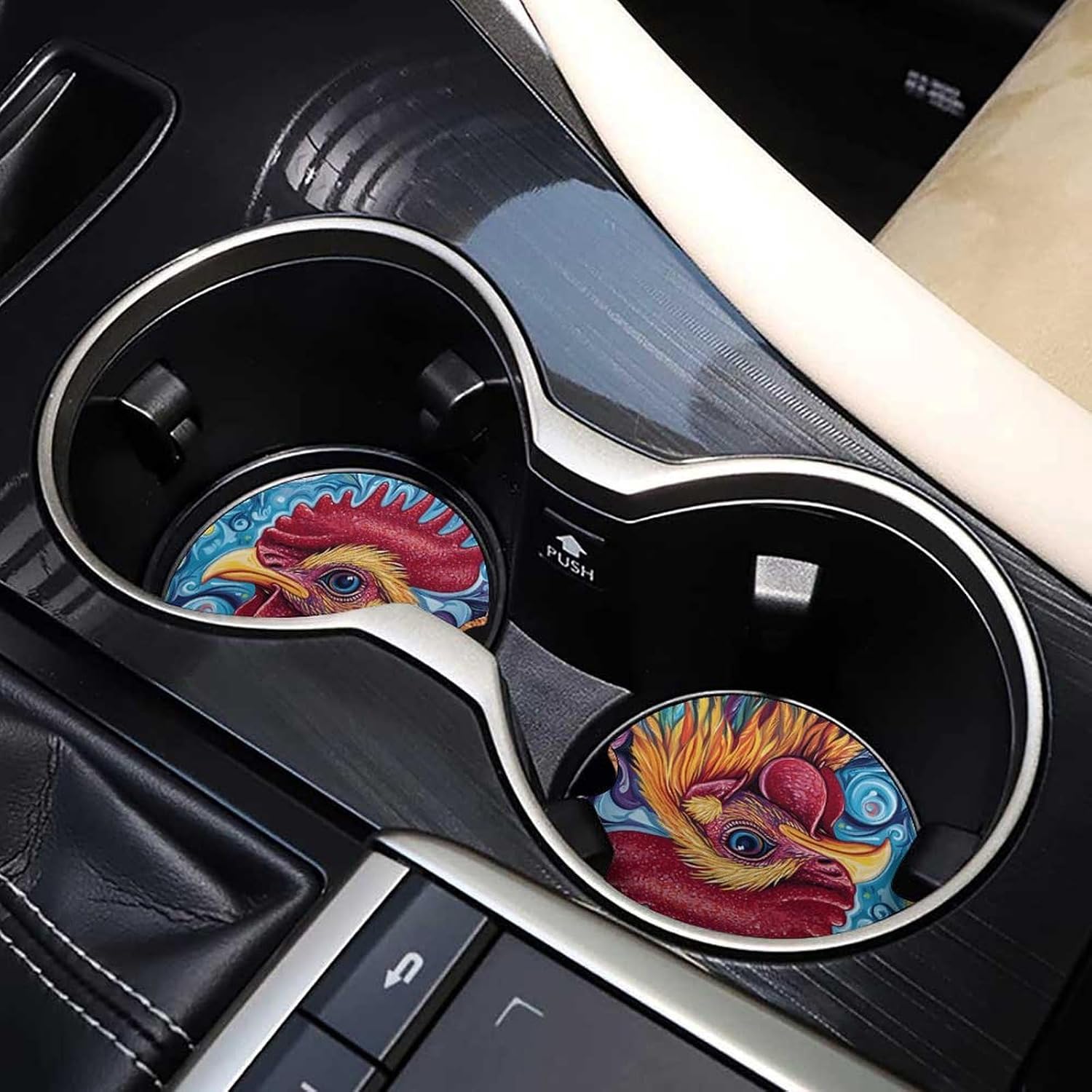 Psychedelic Rooster Head Car Cup Holder Coaster with Cork Base 2.6 Inches Anti Slip
