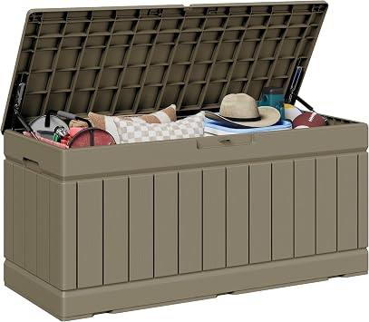 JUMMICO 78 Gallon Outdoor Deck Box Large Resin Storage Box for Patio Furniture Cushions and Garden Tools Light Brown