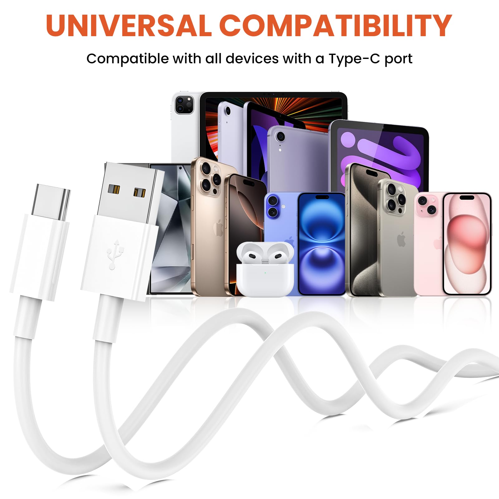 Kabel USB na USB-C z CarPlay, 4 x kabel USB A do szybkiego ładowania 1,8 m + 1,8 m do iPhone'a 16/16 Plus/16 Pro/16 Pro Max/15/SE, Pixel A15/A25/A35/A54/A5, Galaxy S24/S23/S22/S21/S20
