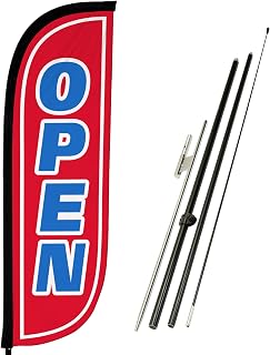 LookOurWay Feather Flag Pole Kit - 7 Feet Tall Advertising Banner with Fiberglass Pole Set and Ground Spike for Business Promotion - Open Flags - Open Red & Blue