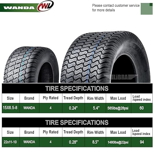 Miniatura 3 de Juego de 4 neumáticos WANDA 15X6.5-8 y 22X11-10 para cortacésped, carrito de césped de 4 capas, 1301813045