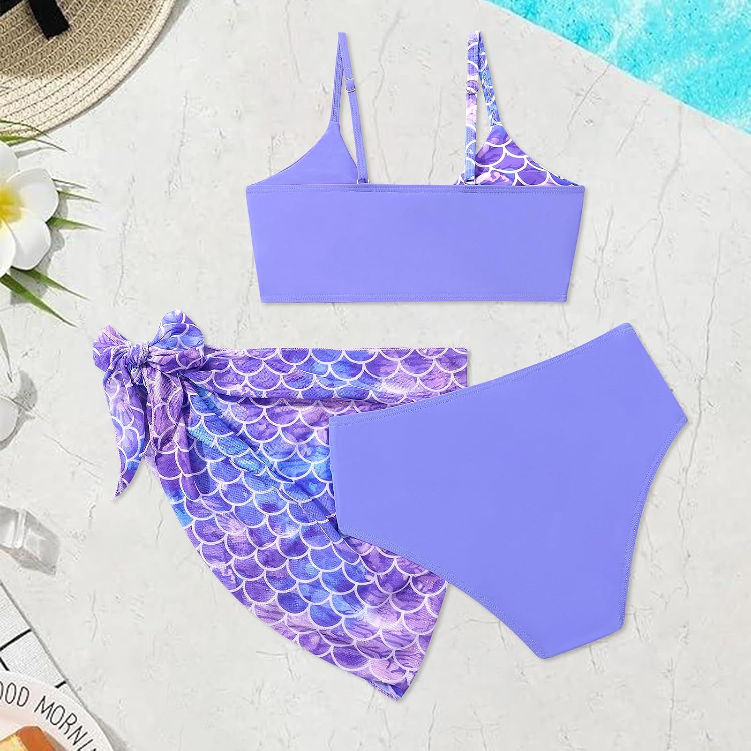 Girls Swimsuit Bathing Suits Twist Cross Tropical Floral Bikini Sets Teen Girls' Swimwear 3Pcs with Cover Up 7-14T