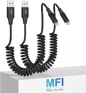 Coiled Lightning Cable 2 Pack, Apple Carplay & MFi Certified, Retractable iPhone Charger with Data Transmission, Short iPhone Charger Cord for iPhone/Pad/Pod