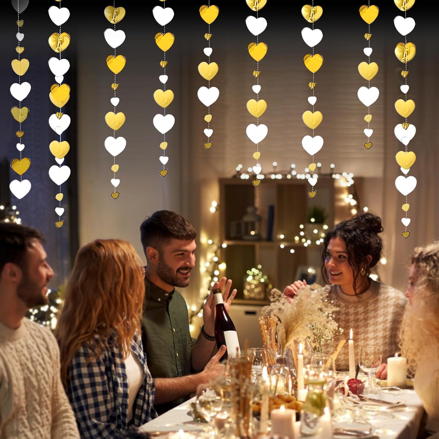 26Ft White Gold Heart Garland Hanging Paper Love Heart Streamer Banner for Baptism Engagement Anniversary Valentines Day - Image 2