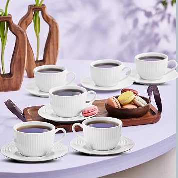 KARACA Seashell 12-Piece Porcelain Tea Cup & Saucer Set for 6, 200ml, Elegant Tea Cup Set with White Fluted Design, Ideal for Hot Beverages & Coffee