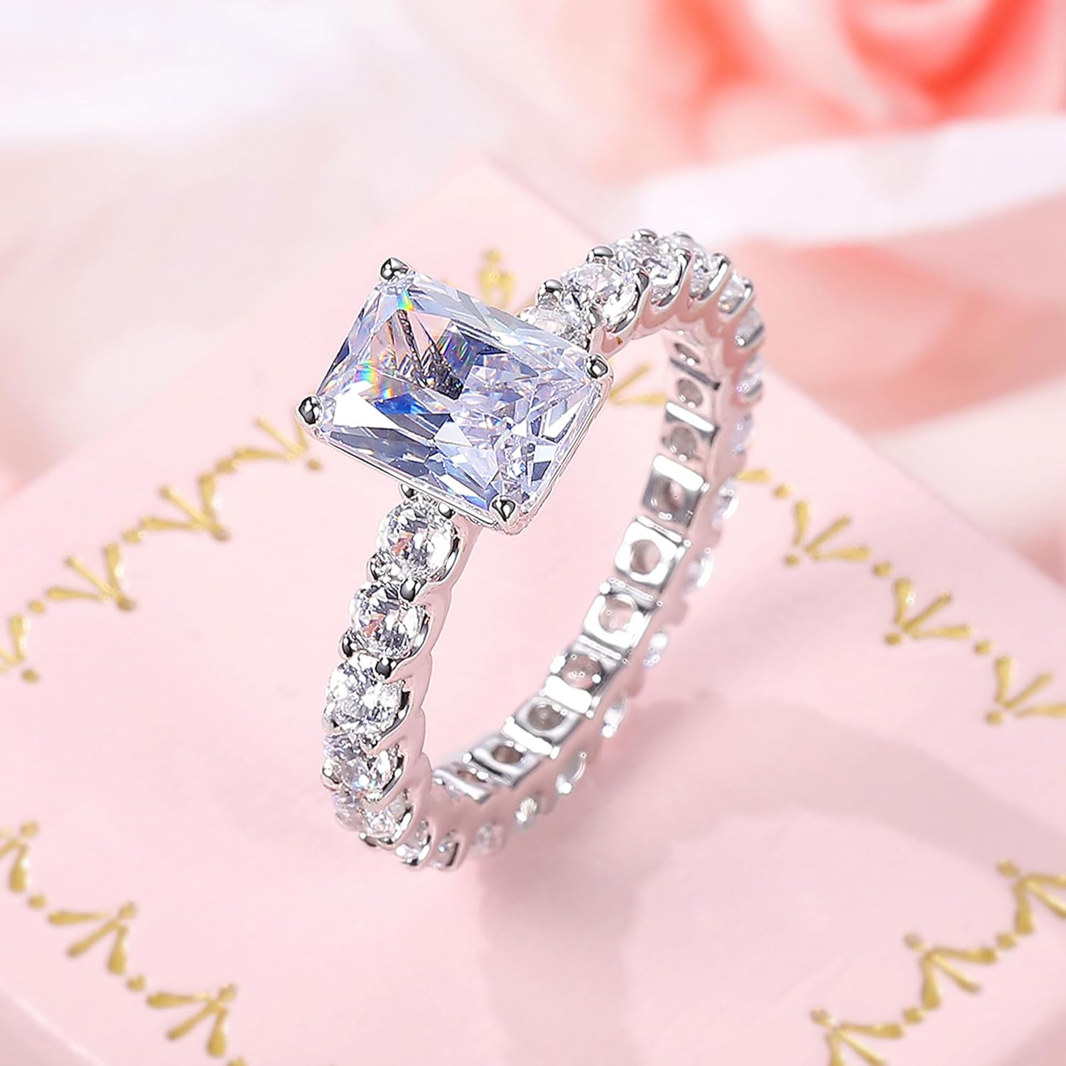 MDFUN 18K White Gold Engagement Ring for Women Radiant Cut Cubic Zirconia Wedding Promise Rings for Her - Image 5