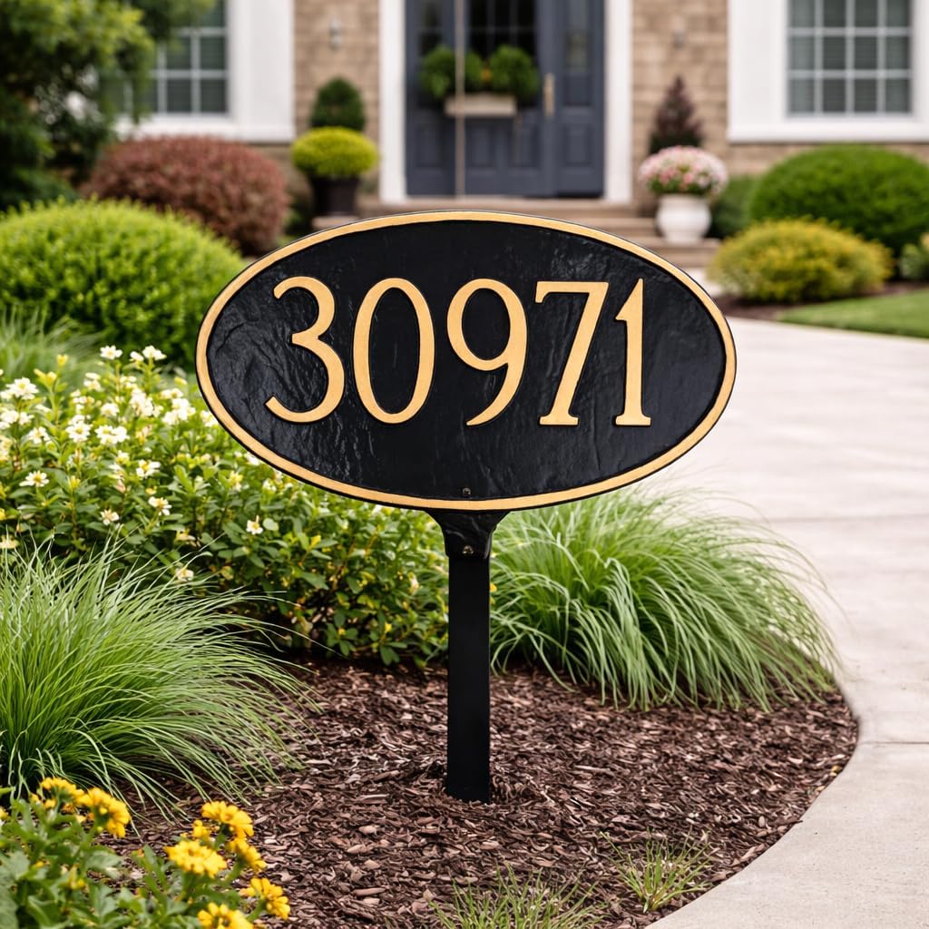 Montague Metal Products Cast Metal Address Plaque with lawn stake, USA Made Custom House Number Sign, Classic Oval, 10 x 6 inches, Black with Gold