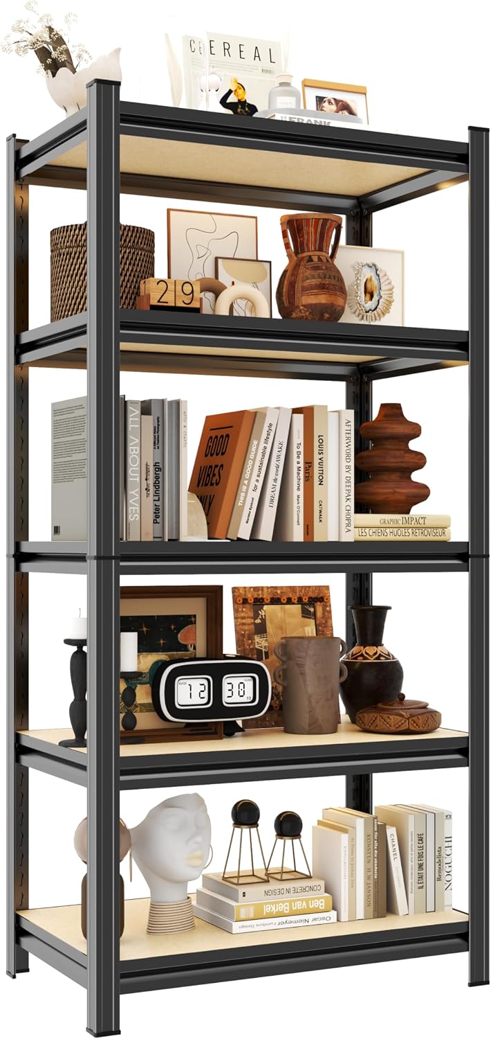 57" H Five-Shelf Storage Shelves Adjustable Shelving Unit Wood, Sturdy Garage Storage-Rack for Organize Tools, Ideal for Bedroom Kitchen Pantry Basement, Small (Black)