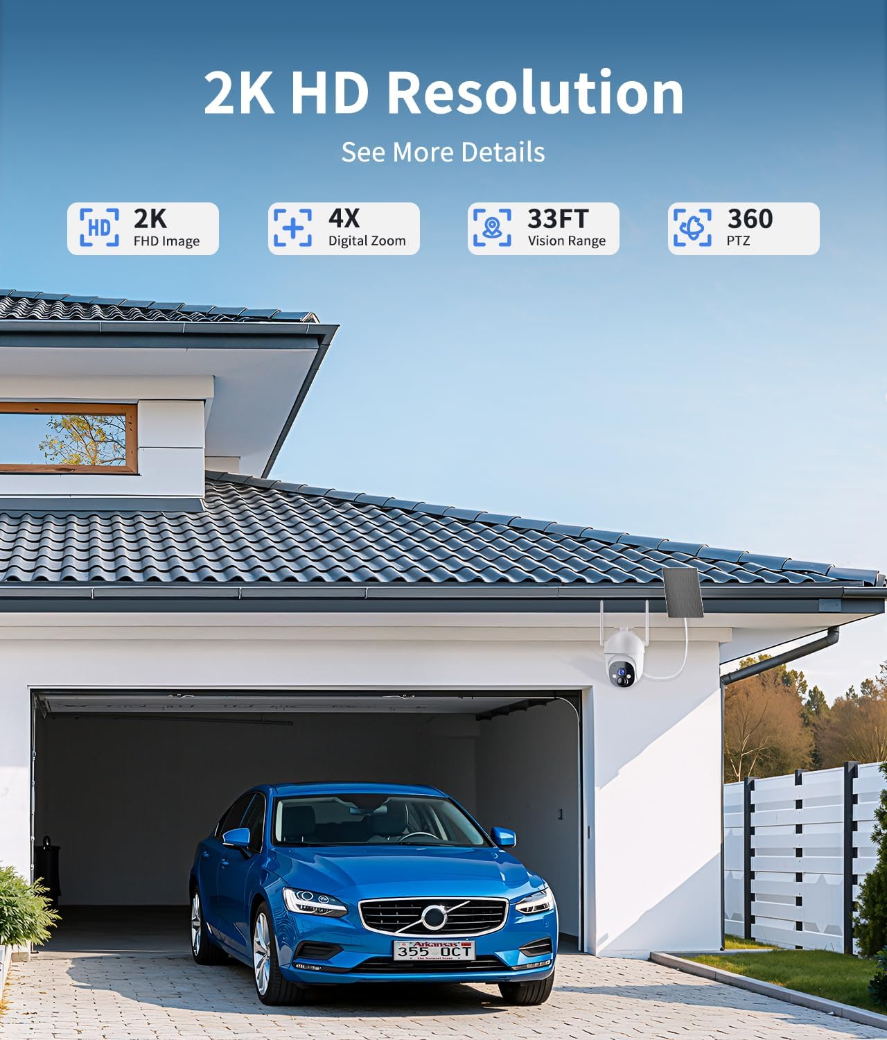 2K Solar Security Cameras Wireless Outdoor, 360° PTZ Outdoor Camera for Home Security with Color Night Vision, Battery Powered, PIR Detection, Spotlight Siren Alarm, Only 2.4Ghz WiFi - Image 3