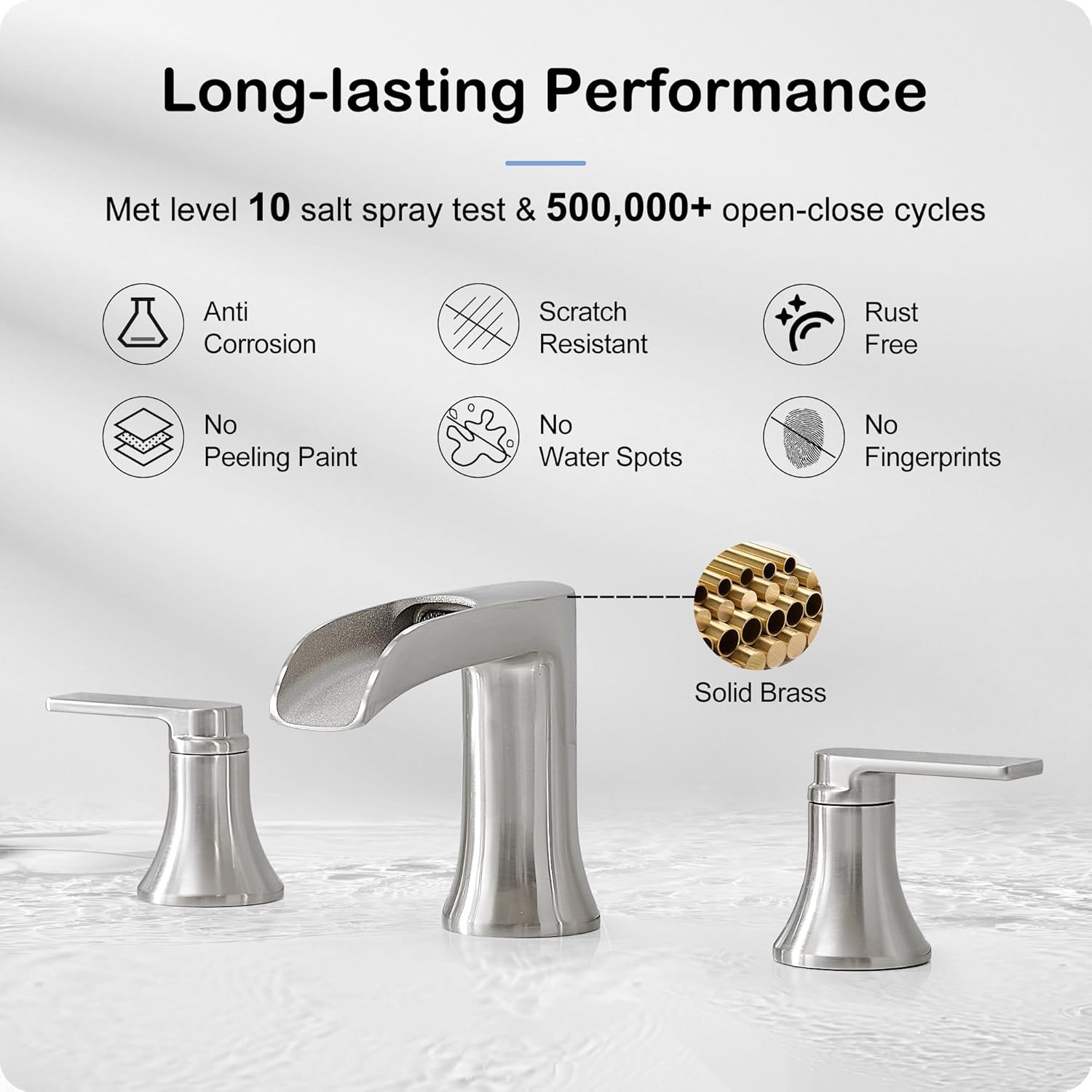 Brushed Nickel Waterfall Bathroom Faucet 3 Hole, 8-16 Inch Widespread 2 Handle Faucets for Bathroom Sinks Vanity Lavatory Sanitary Modern Restroom, Brass Material, NO Pop-up Drain