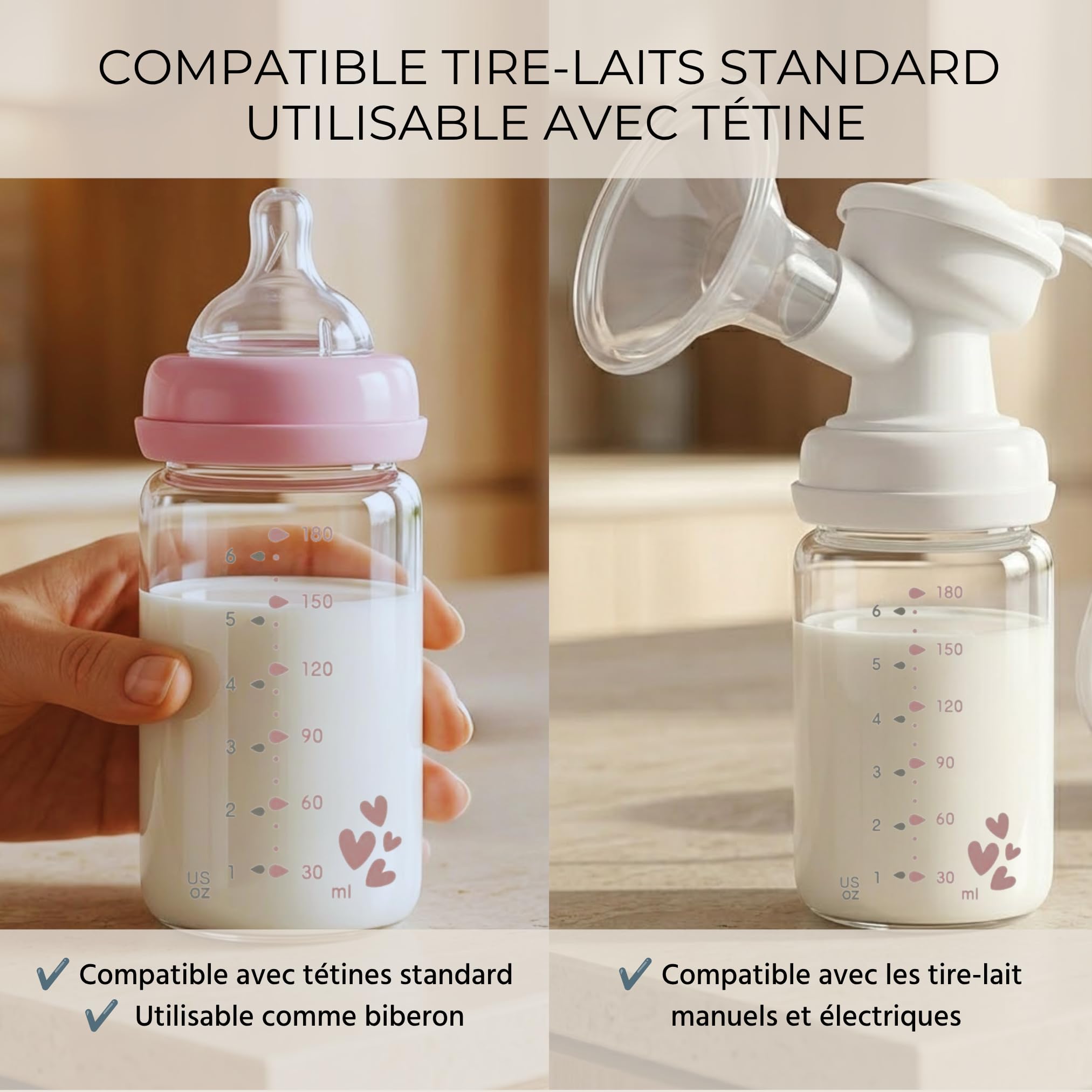 Bouteille lait maternel verre borosilicate 180 ml, pot conservation lait maternel hermétique, contenant réutilisable pour congélation et stockage, sans BPA