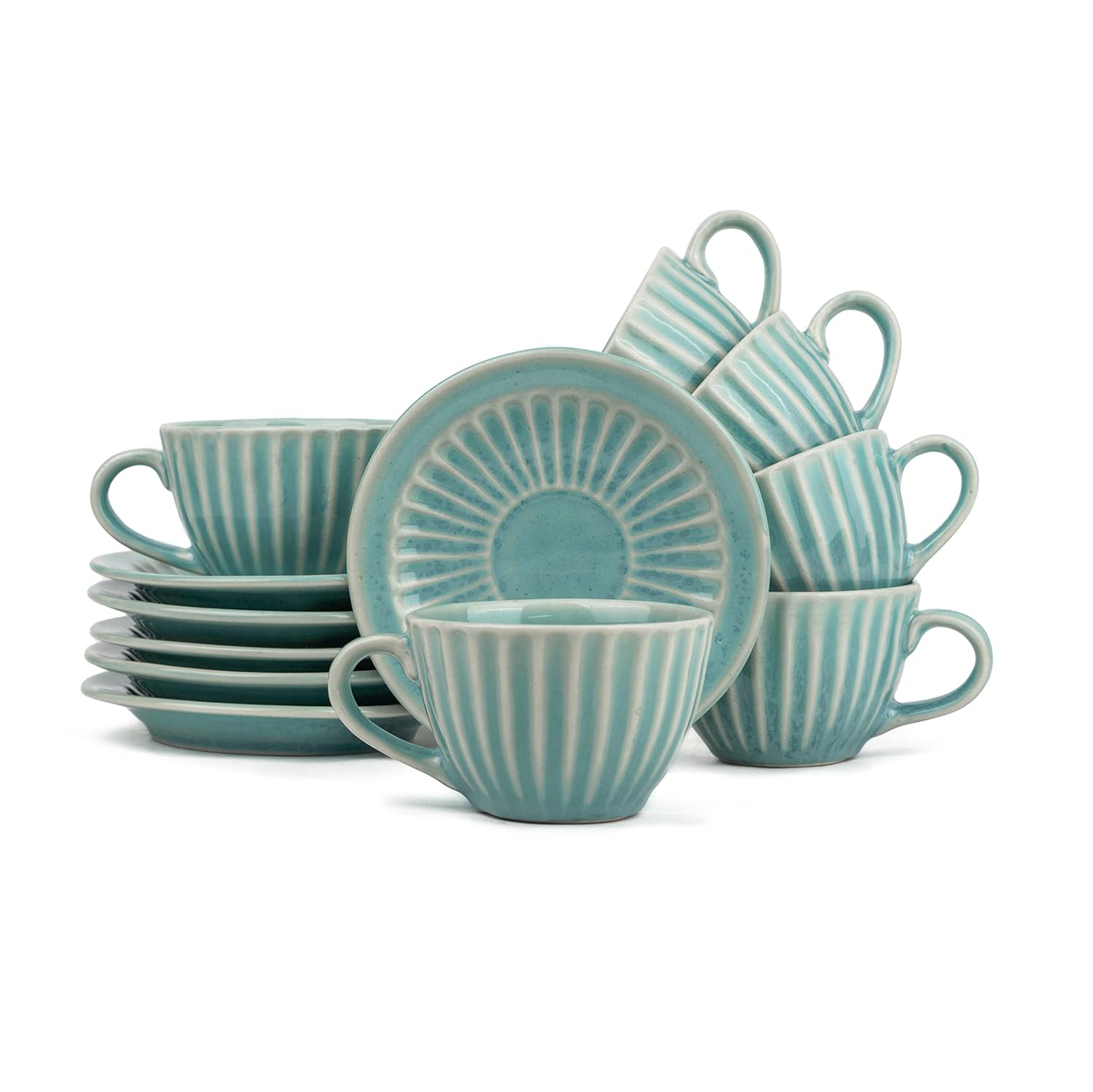 Buy Shay Ceramic Cup and Saucer Set of 6, Turquoise, 200ml 6 Cups and