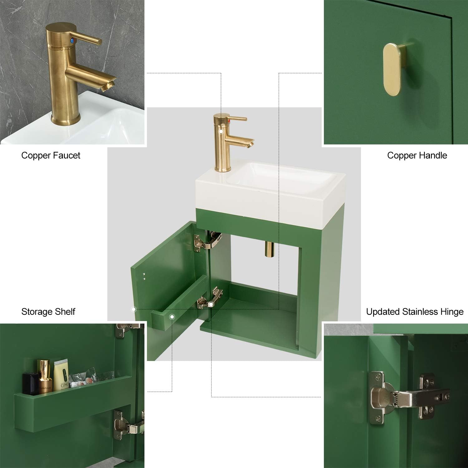Prоmо Dіѕсоunt Uр Tо 70% оƒƒ YOURLITE 16 inch Wall Mounted Floating Bathroom Vanity Sink Set Green Cabinet with Golden Copper Faucet and Pop Up Drain,PVC Cabinet ABS Sink Combo for Small Bathroom