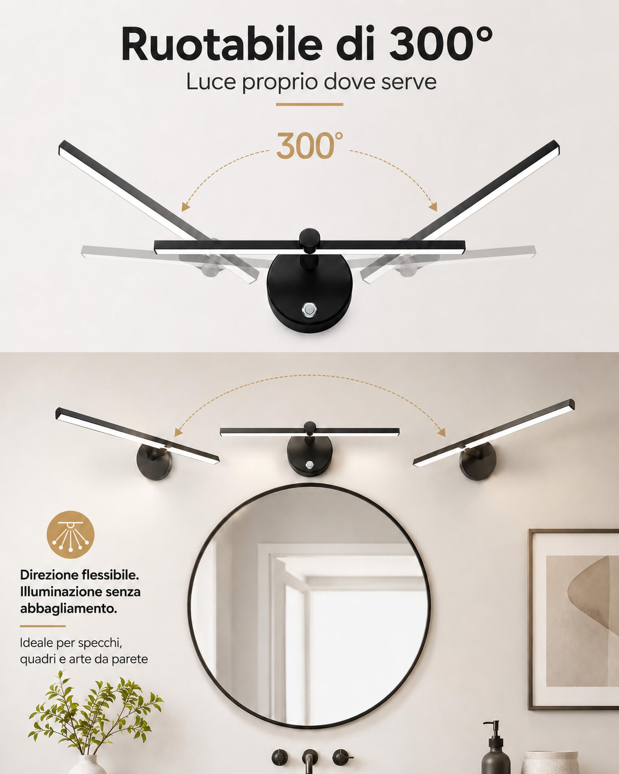 LANMOU Lampada Specchio Bagno, 41cm Luce Specchio Bagno LED con Interruttore, 600LM, 4000K Applique Dimmerabile Tocco, IP44, 300° Girevole, Nero
