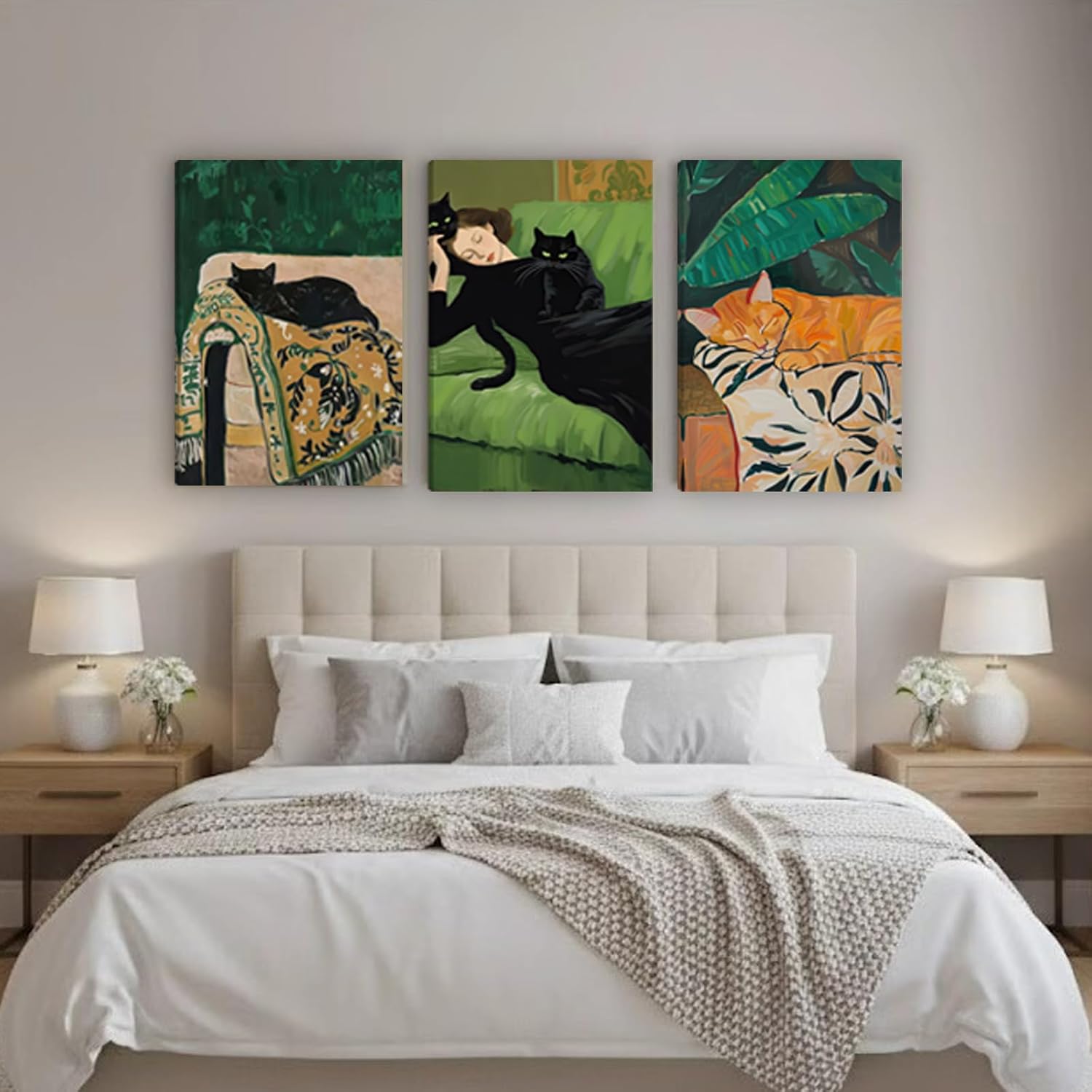 3Pcs Vintage Black Cat Canvas Wall Art Emerald Green And Orange Poster Print Sofa Sleeping Woman With Black Cat Awall Deocr Retro Pictuer Painting For Living Room Bedroom Bathroom Home Decoration​ 16×24 in( Canvas stretched over a wooden frame)