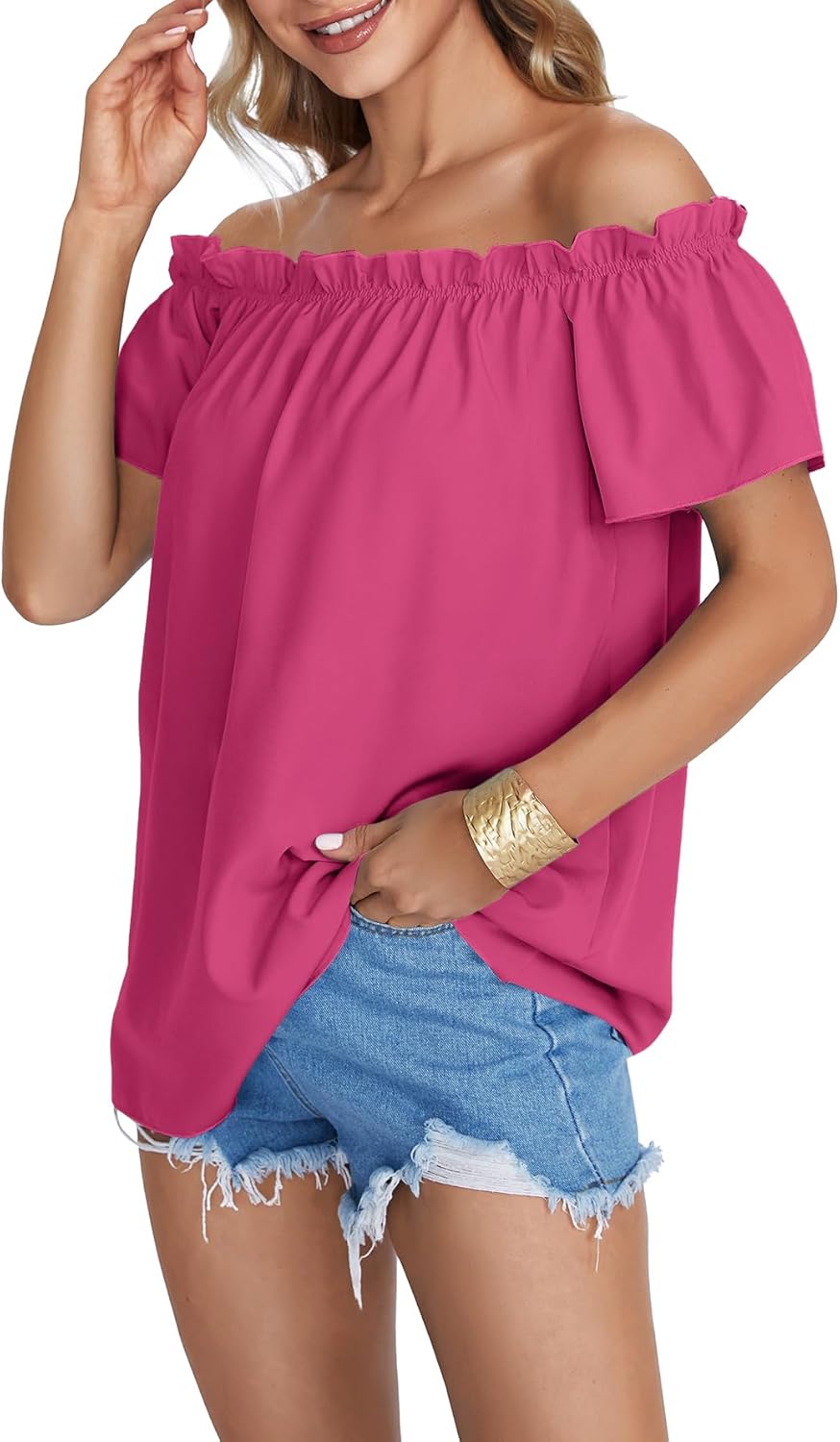 LYANER Women's Off Shoulder Ruffle Short Sleeve Ruched Casual Loose Tops Blouse Shirt - Image 3