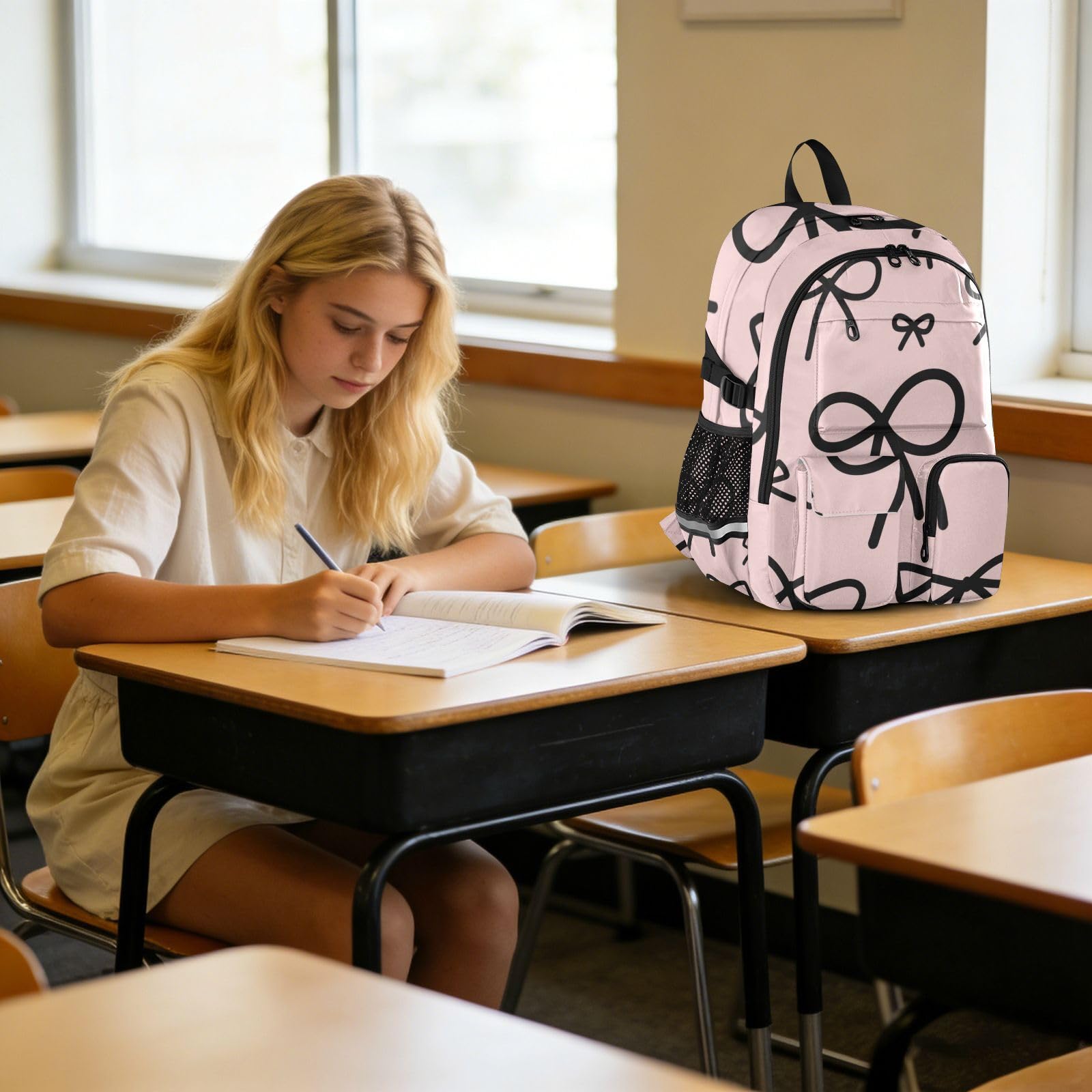 Mochila de viaje grande con lazo rosa para libros escolares