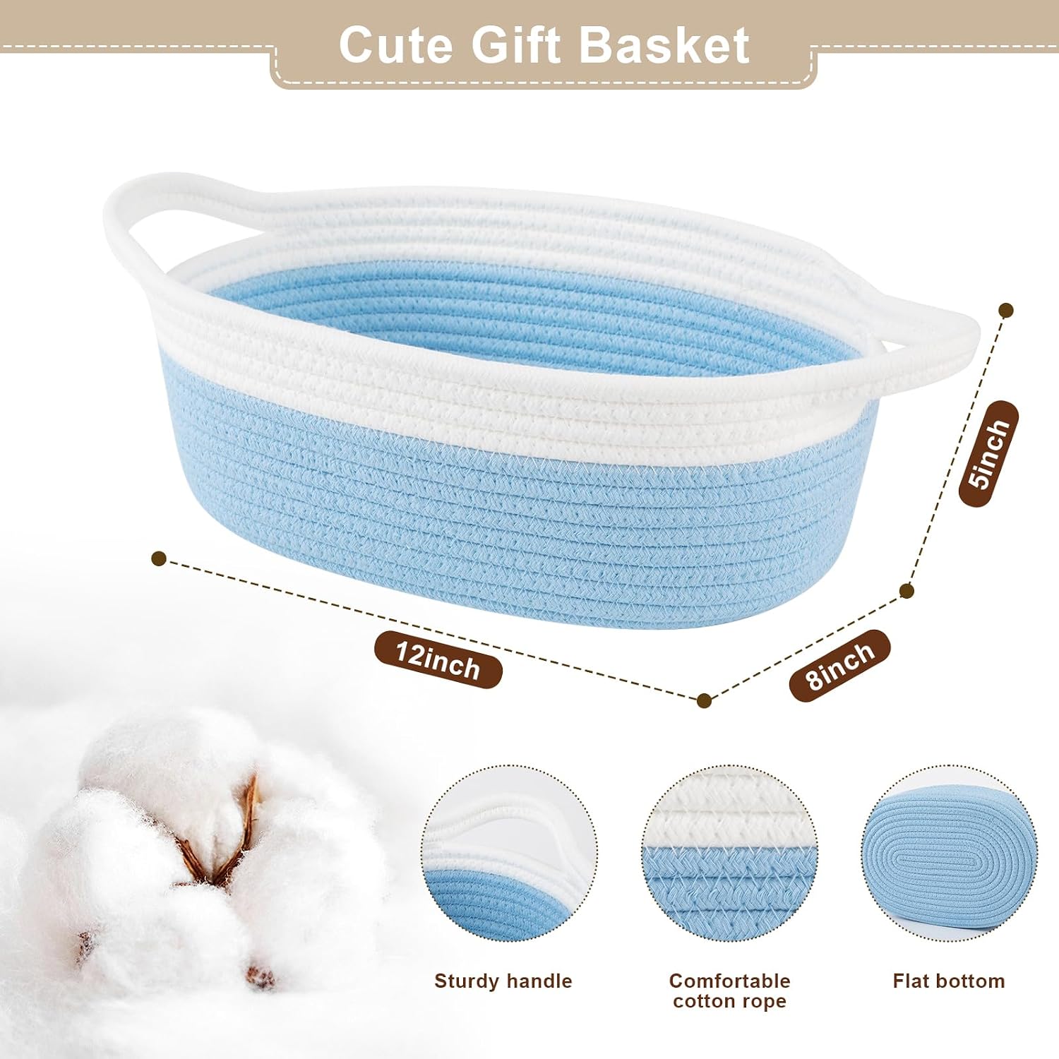 OIAHOMY Gift Basket Empty with Handle, 12"x 8"x 5" Small Woven Basket with Gift Bag, Ribbon and Wrap Tissue Paper, Dog Toy Storage for Organizing - Sky Blue & White image 3