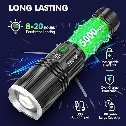 Miniatura 3 de RECHOO Linternas recargables de alto lúmenes, 250.000 lúmenes, paquete de 2 linternas con indicador digital de potencia, 5 modos de duración,