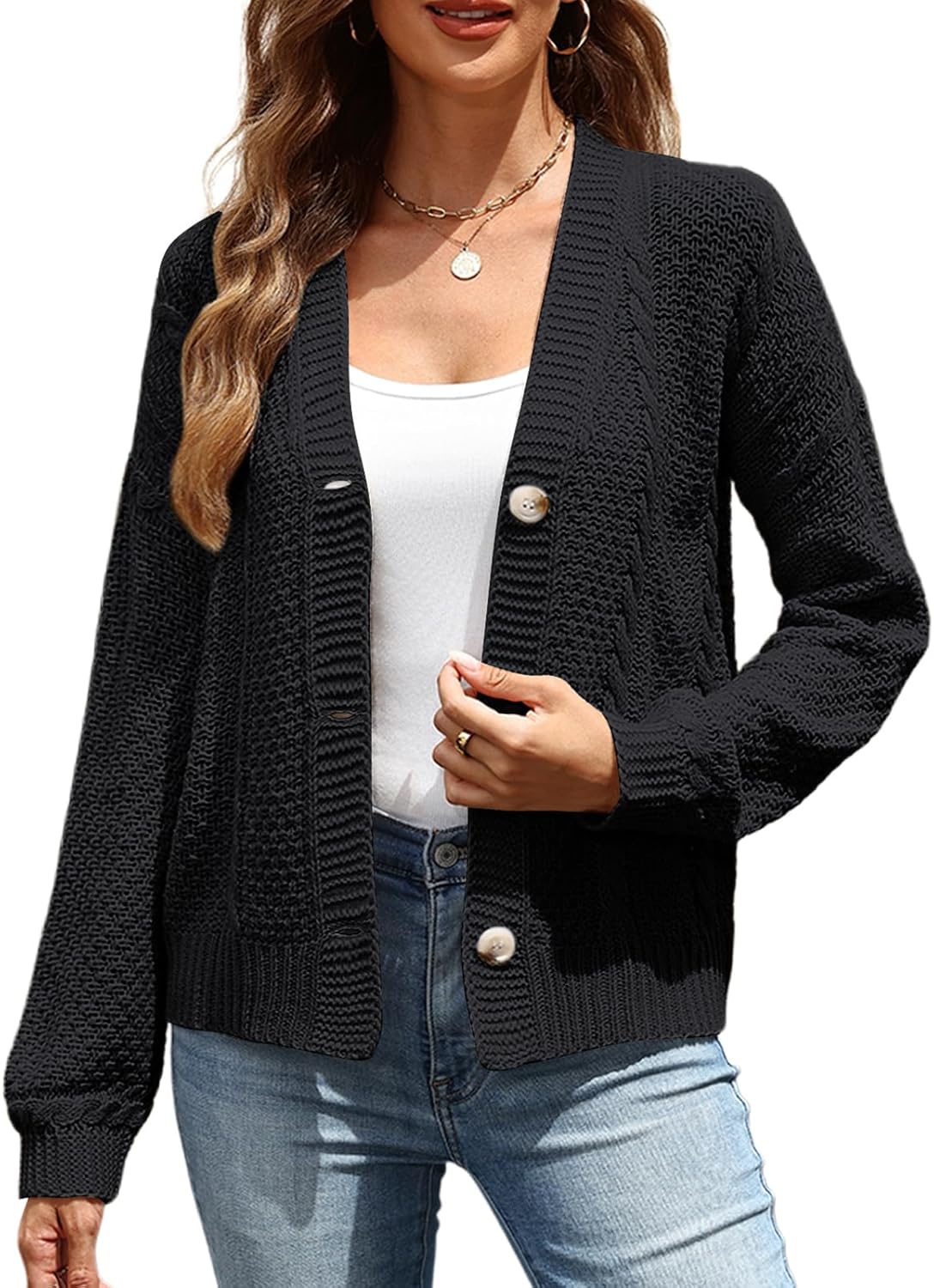 VIMPUNEC Womens Fall Casual Cardigan Sweaters Chunky Cable Knit Jackets Long Sleeve Open Front Coats