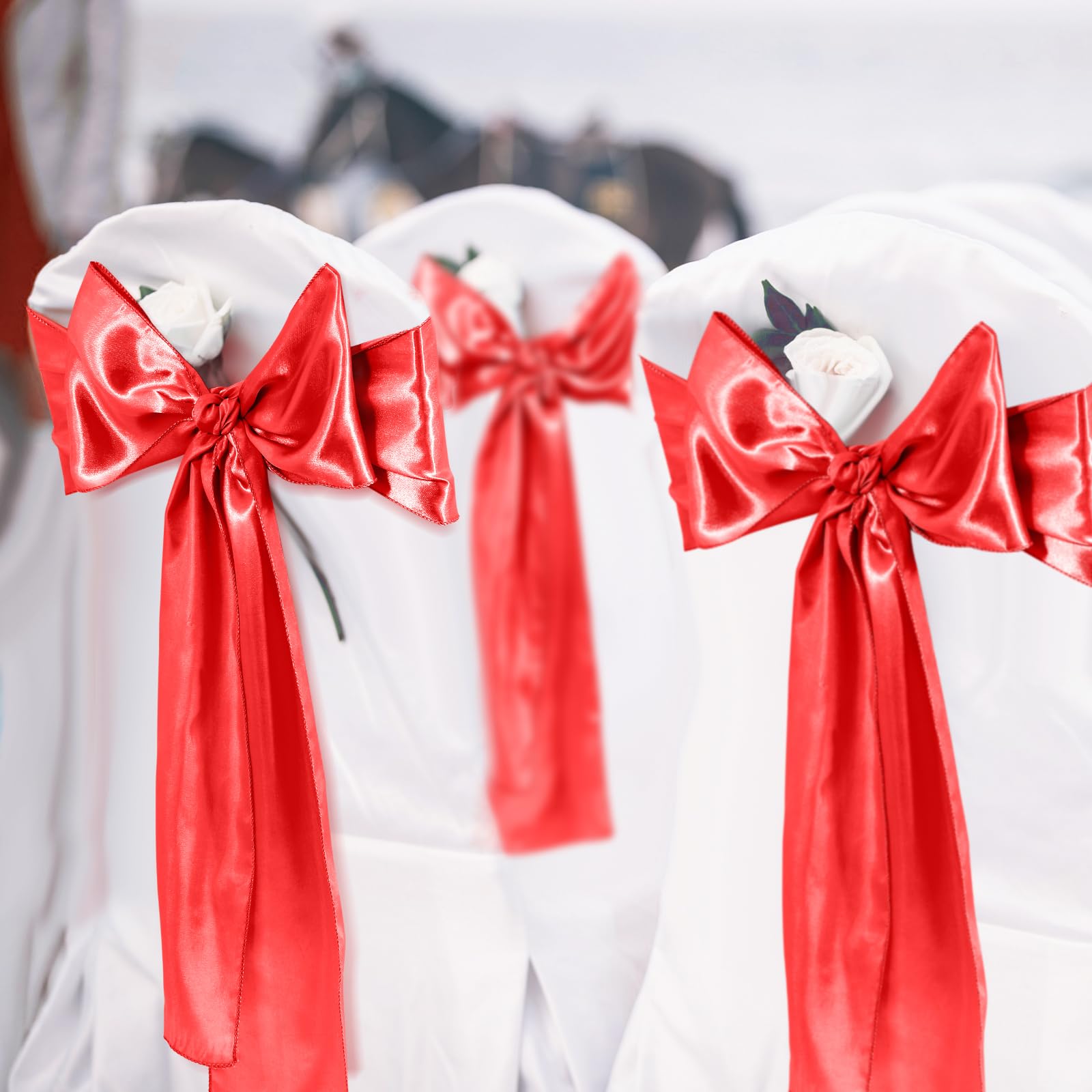 Mepase 100 pcs Wedding Chair Covers Stretch Spandex Folding Chair Covers with Decorative Elastic Chair Sash Silk Chair Bows for Wedding Banquet Dining Kitchen Party Decoration (Red, White)
