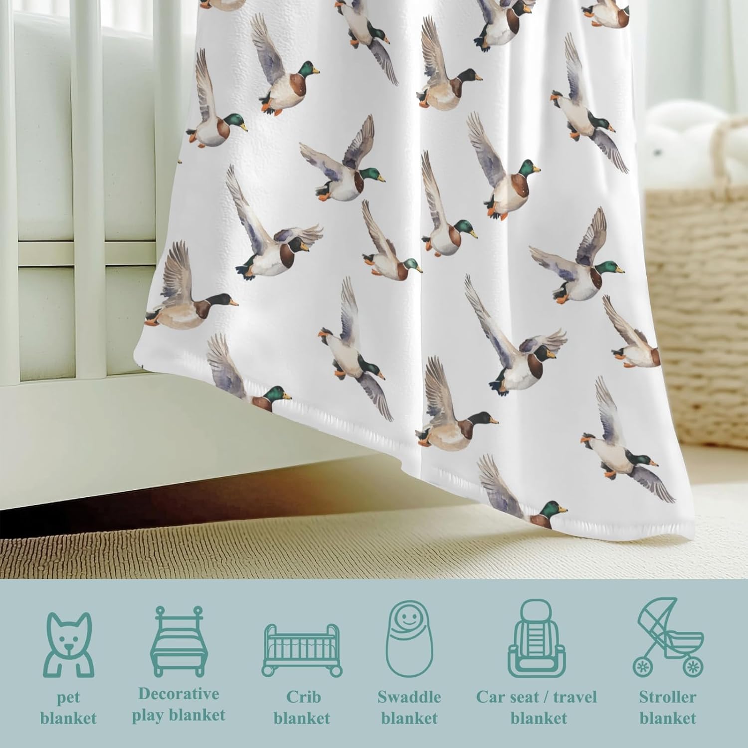 Watercolor Mallard Duck Baby Blanket Girls Boys Flannel Fleece Nursery Bed Vintage Wild Ducks Hunting Receiving Swaddle Soft Cozy Toddler Blanket for Crib Stroller Bed Travel Duck 60x80inch