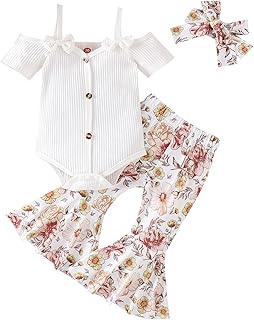 Infant Baby Girl Clothes Suspenders Short Sleeve Ribbed Romper Flared Pants Set Headband 3pcs Summer Outfit