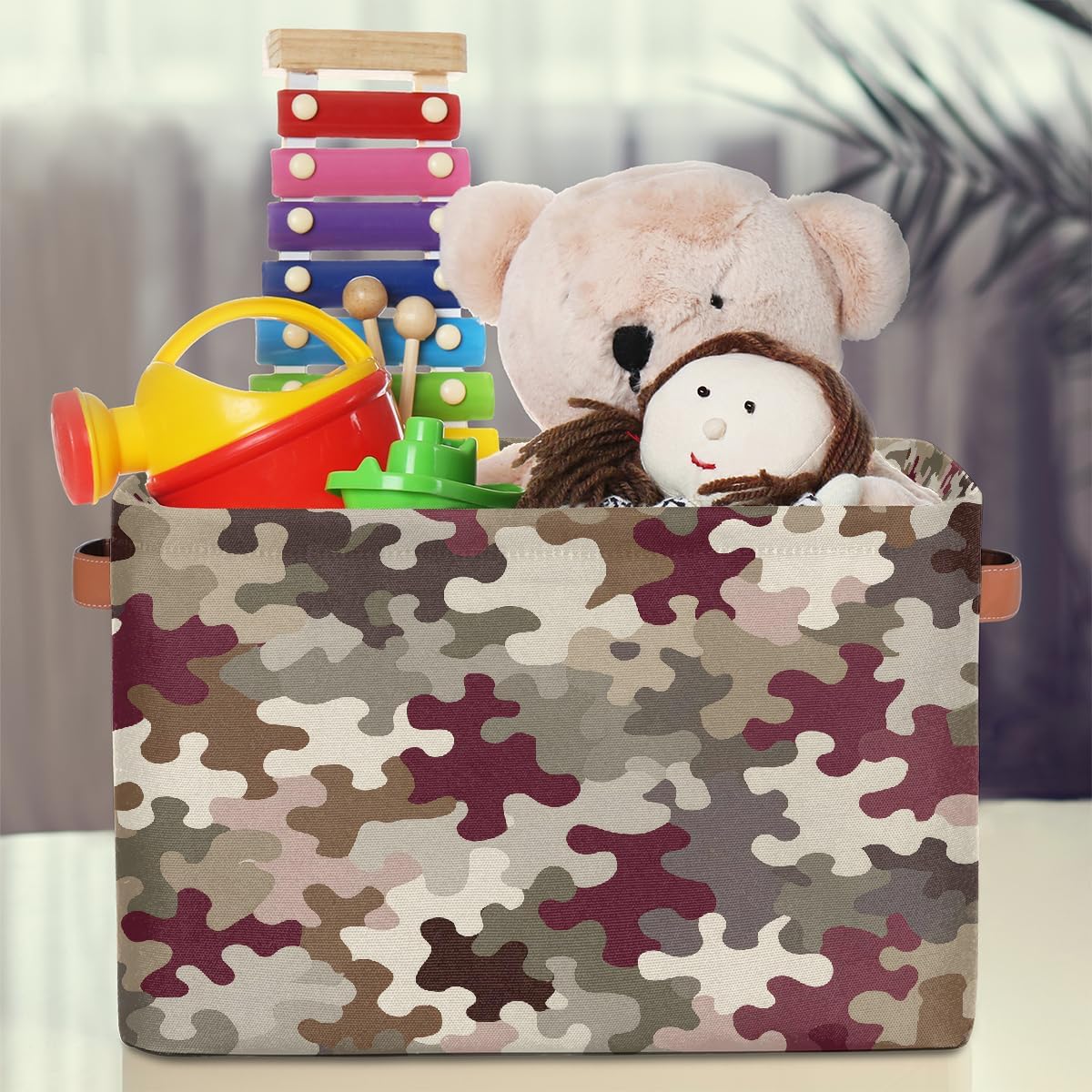 Small Storage Basket With Handles Kids Toy Camouflage Green Abstract Storage Bins Collapsible Fabric Cube Storage Organizer Hamper for Nursery Living Room Bedroom Shelves Clothes Toy Box Gifts