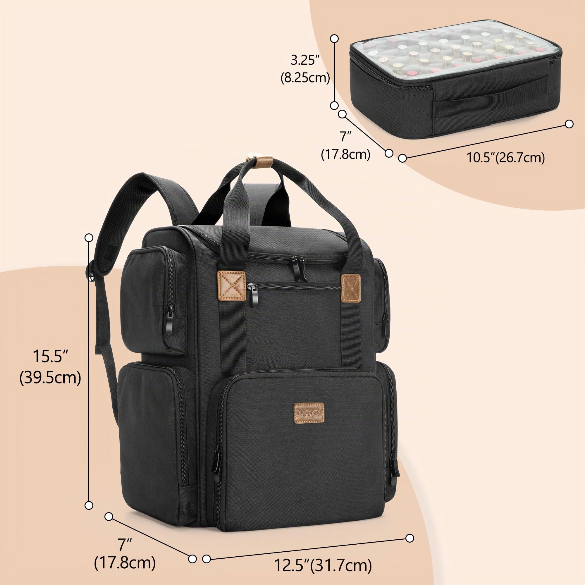 BAFASO Sac à Dos Organiseur de Vernis à Ongles - 70 Bouteilles et Une Lampe | Sac Organisateur de Vernis à Ongles avec 2 Poches Amovibles, Étui pour Vernis à Ongles, Sac Seulement