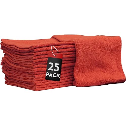 Nabob Wipers Auto Mechanic Shop Towels 25 Pack Bulk Shop Rags 100% Cotton Size 14"x14" Commercial Grade (25 Pack, Red)
