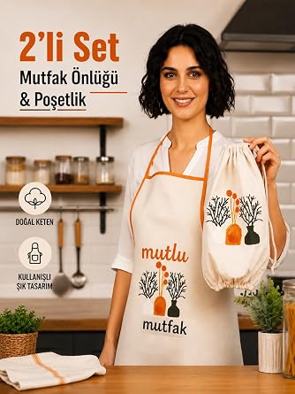 Promosyonca Doğal Keten Mutfak Önlüğü ve Poşetlik 2'li Set, Şık Tasarım