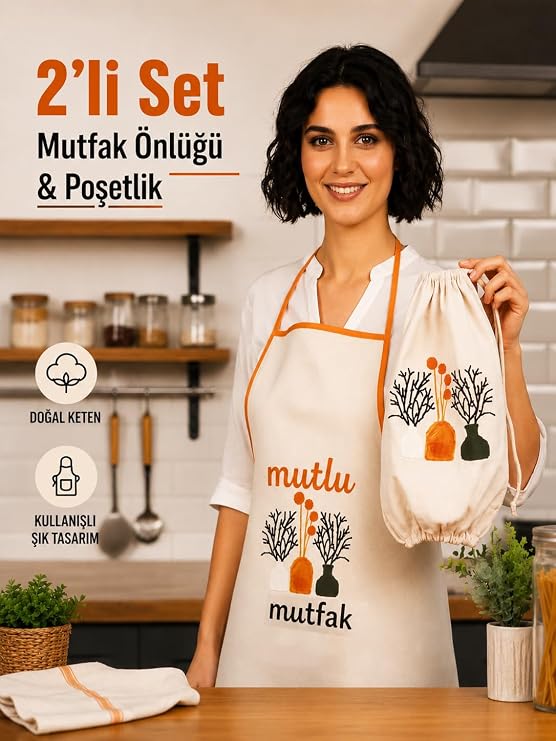Promosyonca Doğal Keten Mutfak Önlüğü ve Poşetlik 2'li Set, Şık Tasarım