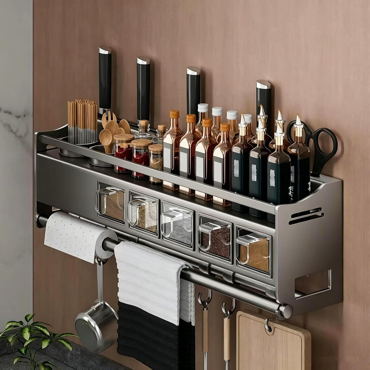 Portaspezie da Parete, Organizer Cucina in Metallo con Portautensili