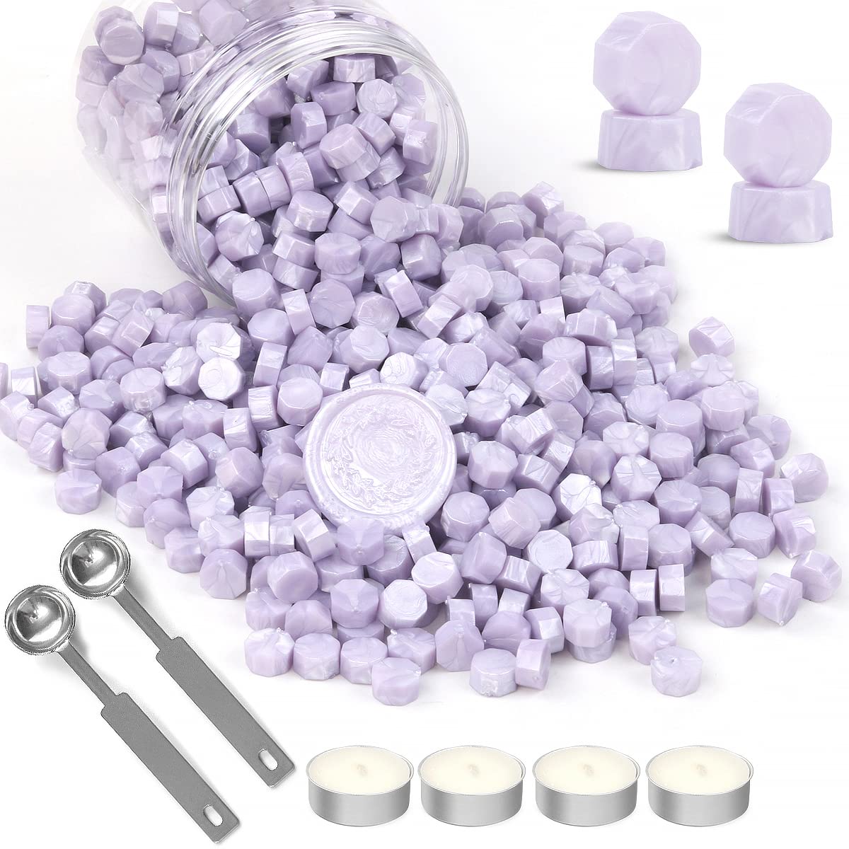 Wasole 400 PCS Light Purple Sealing Wax Beads with Melting Spoons and Candles for Wedding Invitations