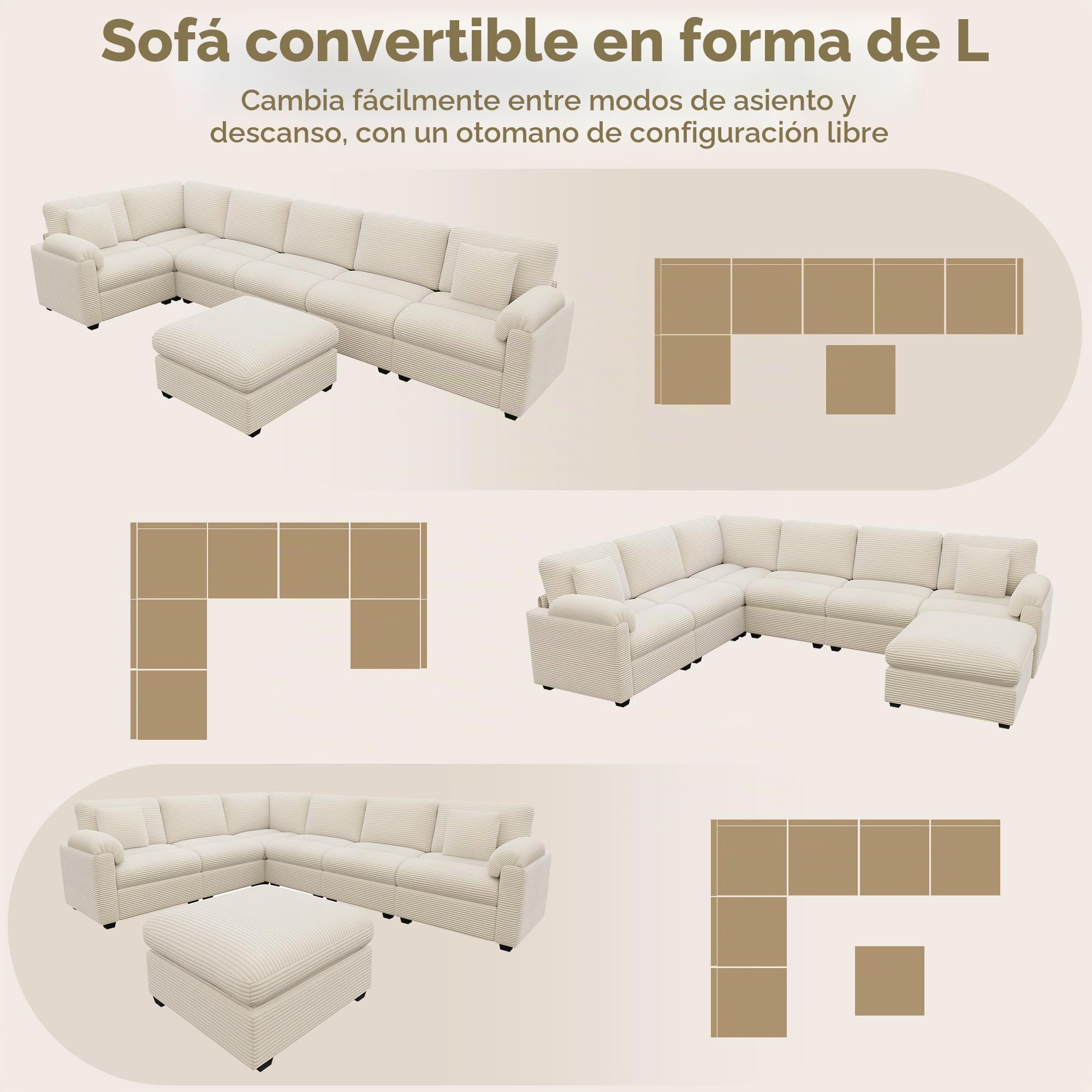 Sapgaks Sofá Convertible de 7 plazas en U/L con Pufs Móvil, Sofá de esquina grande Convertible de pana con cojines, Sofá Modular Multifuncional en el Salón Appt, Beige