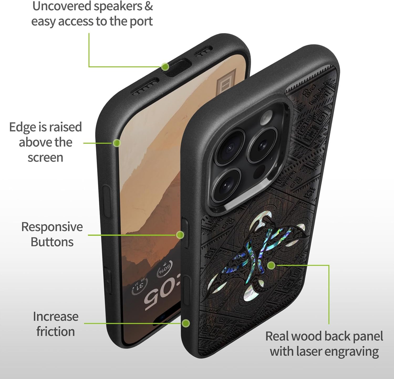 Carveit Magnetic Case for iPhone 16 Pro Max Case, Wood Artisan Engraved & Handmade Shell Inlaid, TPU Shockproof Cover, Compatible with MagSafe Wireless Chargers (The Tribal Manta Rays) Blackwood