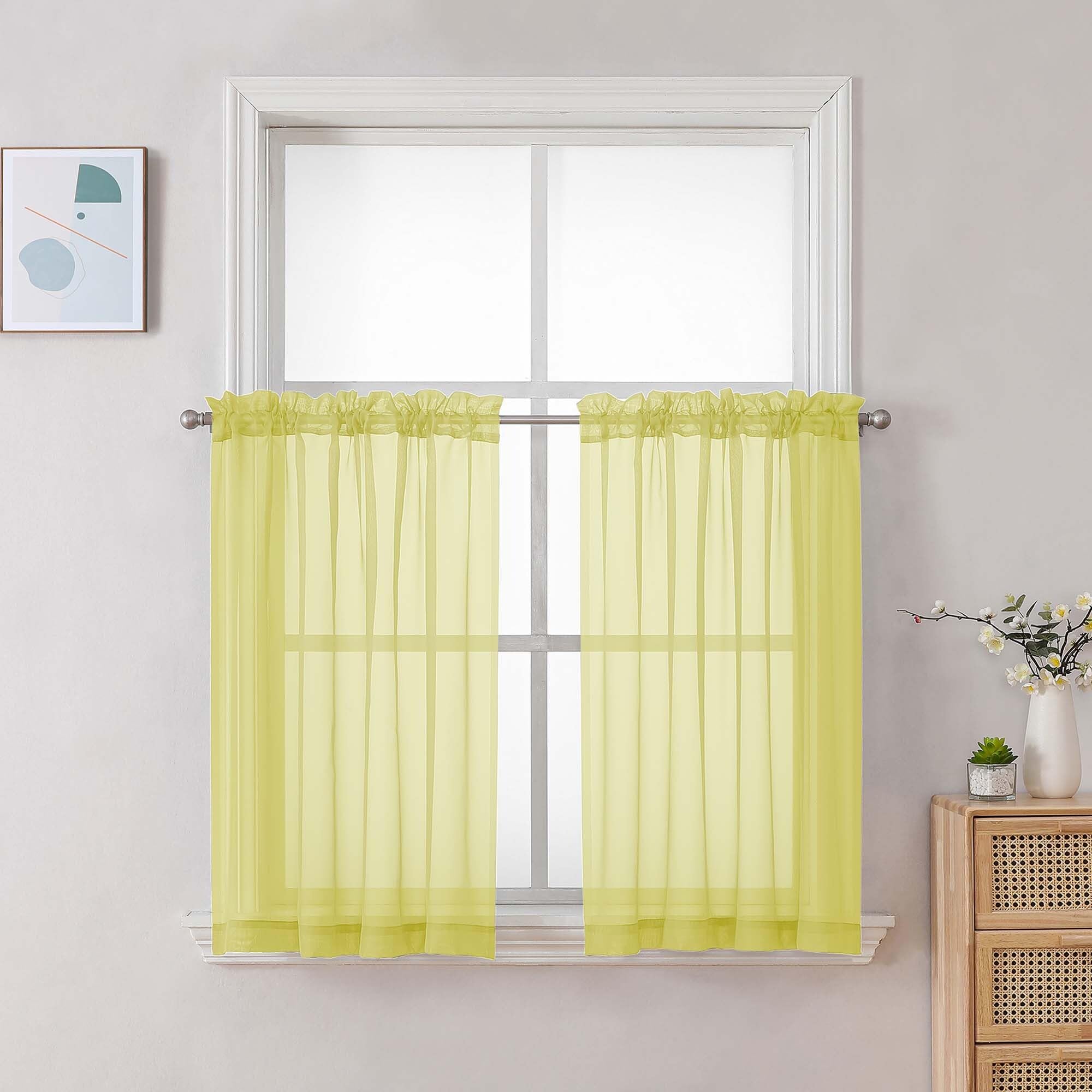 Chyhomenyc Sheer Curtains 36 inch Length 2 Panels Set, Light Filtering Voile Rod Pocket Short Window Curtians for Bathroom Living Room Farmhouse Small Windows, Each 42Wx36L in, 2PCS, Lemon