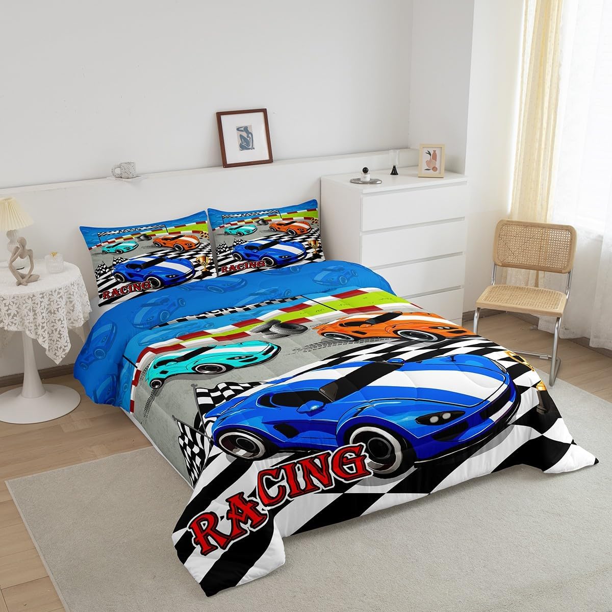 Feelyou Kids Race Car Bedding Set Twin Size, Speed Sports Car Comforter Set Boys Girls Racing Car Comforter Extreme Sports Teens Duvet Set Bedroom Decor Bed Set 2Pcs - Image 3