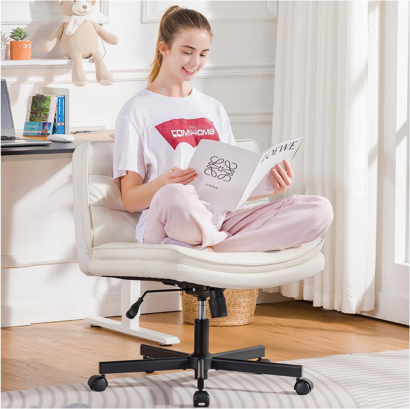 Cross Legged Office Chair with Wheels Armless Office Desk Chair, Modern Vanity Computer Task Chairs for Home Bedroom, Comfortable Wide Seat for Lower Back Pain Relief, PU Leahter, Beige
